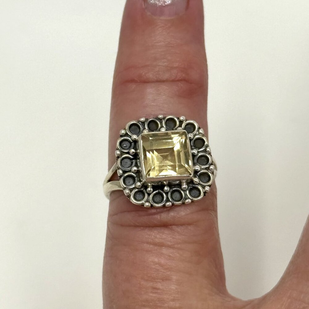Elegant Sterling Silver Ring with Square Champagne Colored Stone